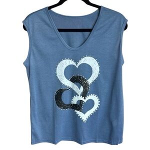 Blue Heart Print V-Neckline Sleeveless Tank Top Size Medium